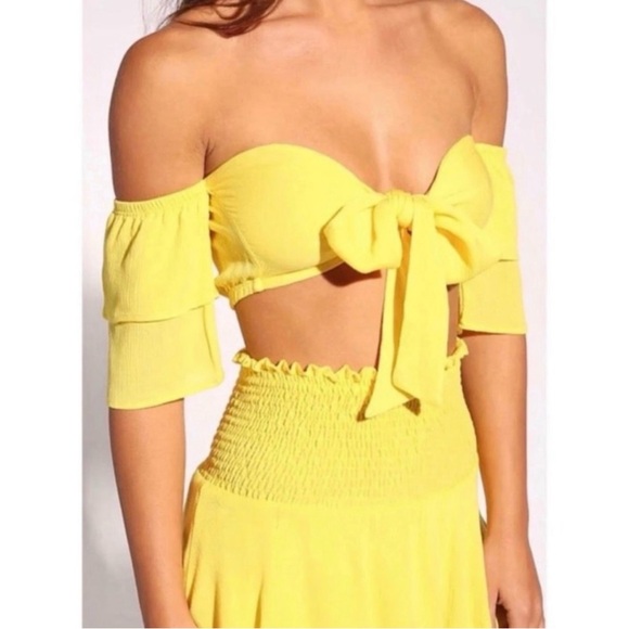 Yellow Tie Front Off Shoulder Crop Top and Mini Ruffle Skirt Set - Picture 2 of 4